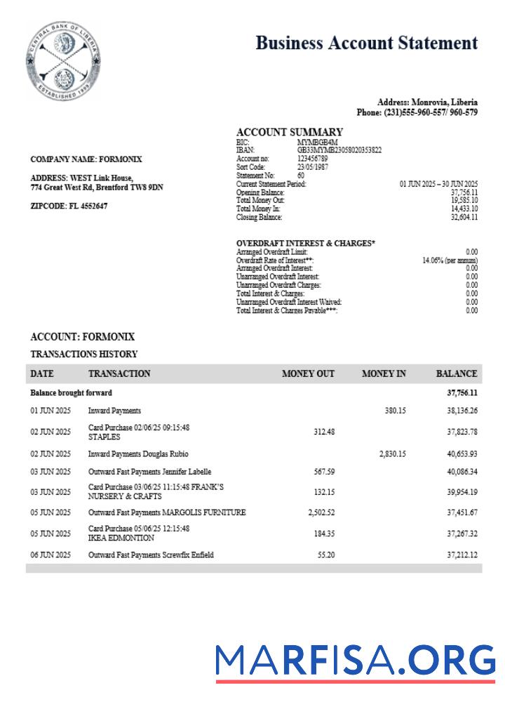 Blank Central Bank of Liberia organization checking account statement Word and PDF template (1)